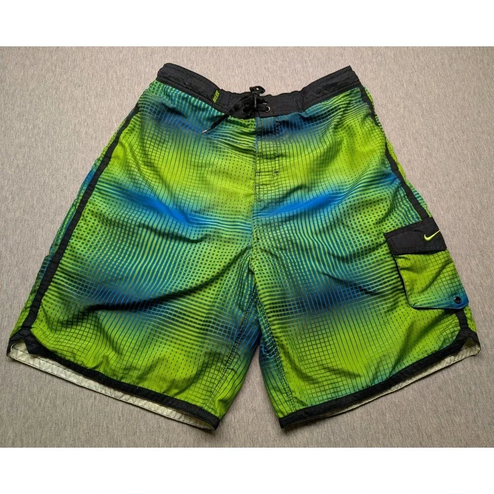 Nike Swim Trunks Mens L Green Blue Lightweight Lined Board Shorts  Cargo Pocket